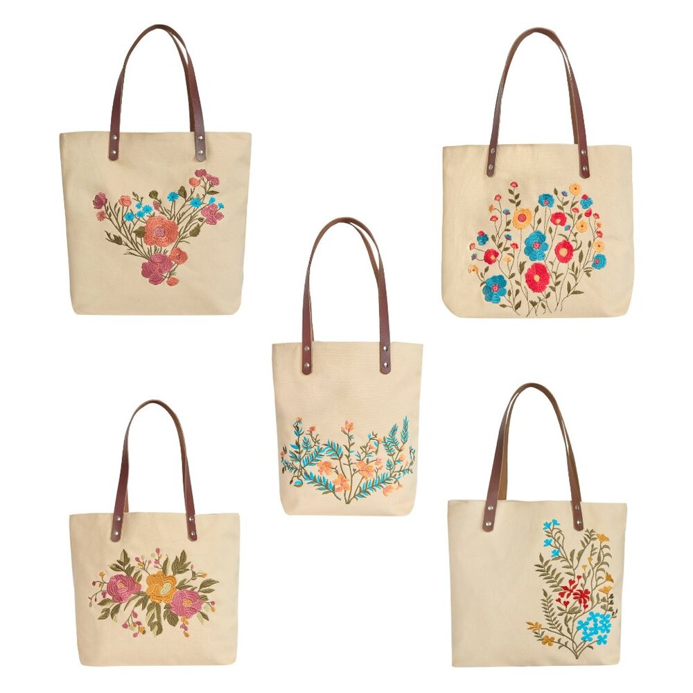 Floral Embroidered Canvas Tote for Women with Cotton Lining & Leather Handle